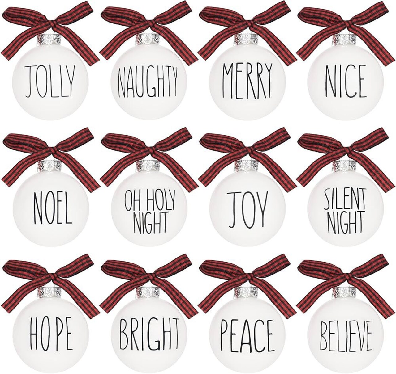 Set of 12 Christmas Ball Ornaments Shatterproof White Bulbs with Buffalo Plaid Bows Farmhouse Christmas Tree Decor Decorative Christmas Tree Hanging Ornaments
